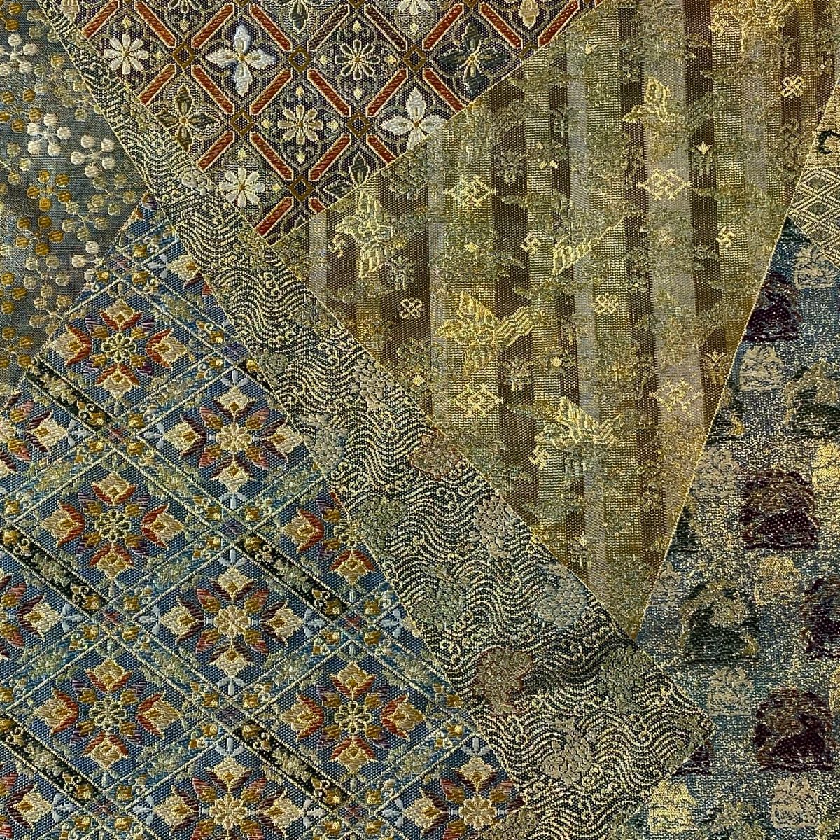 丸帯 正倉院名物裂集成 寄せ柄 牡丹唐草 金糸 箔 金色 全通 正絹