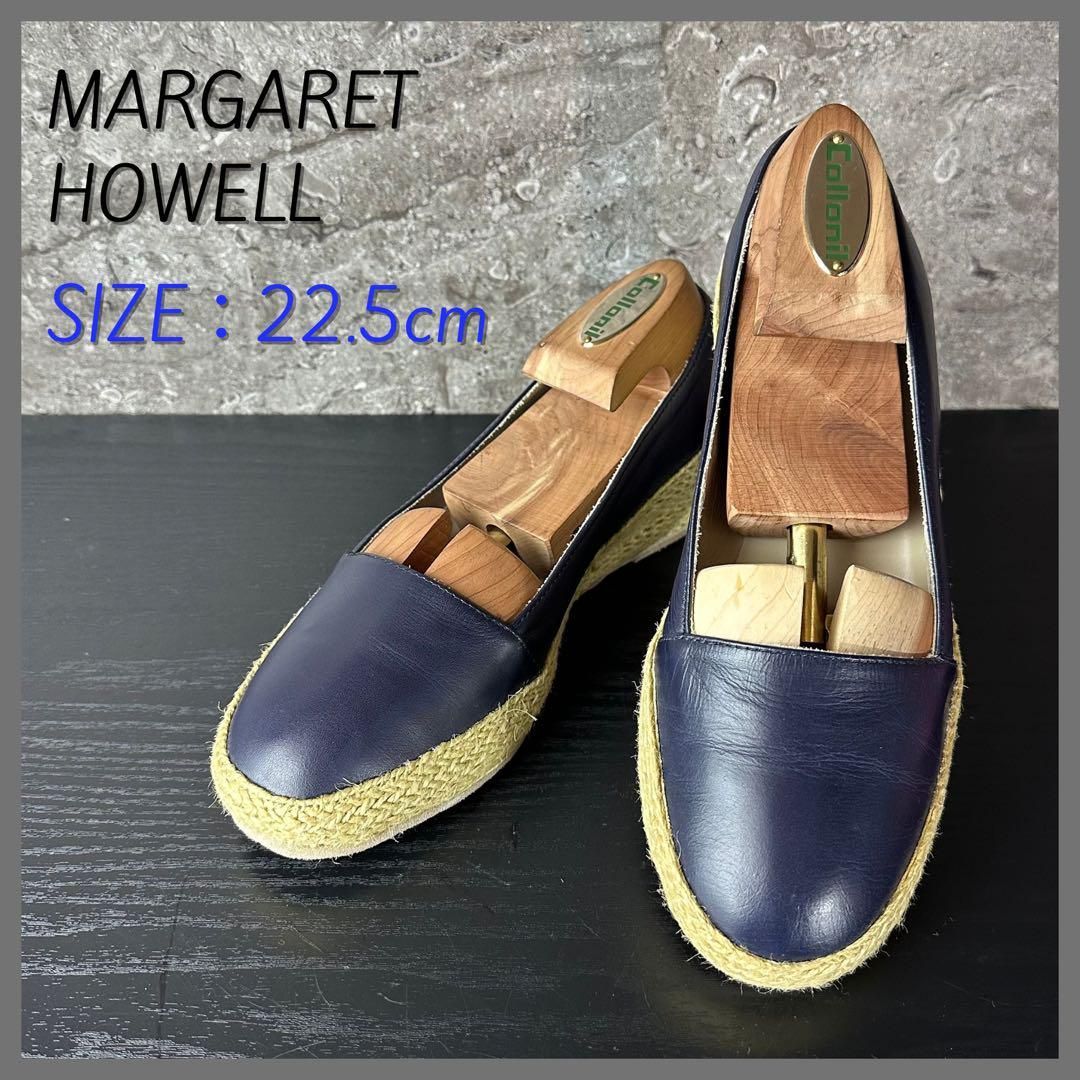 S60 MHL MARGARET HOWELL マーガレットハウエル マットレザー エスパドリーユ ウェッジソール スリッポン フラットシューズ 紺ネイビー 22.5cm