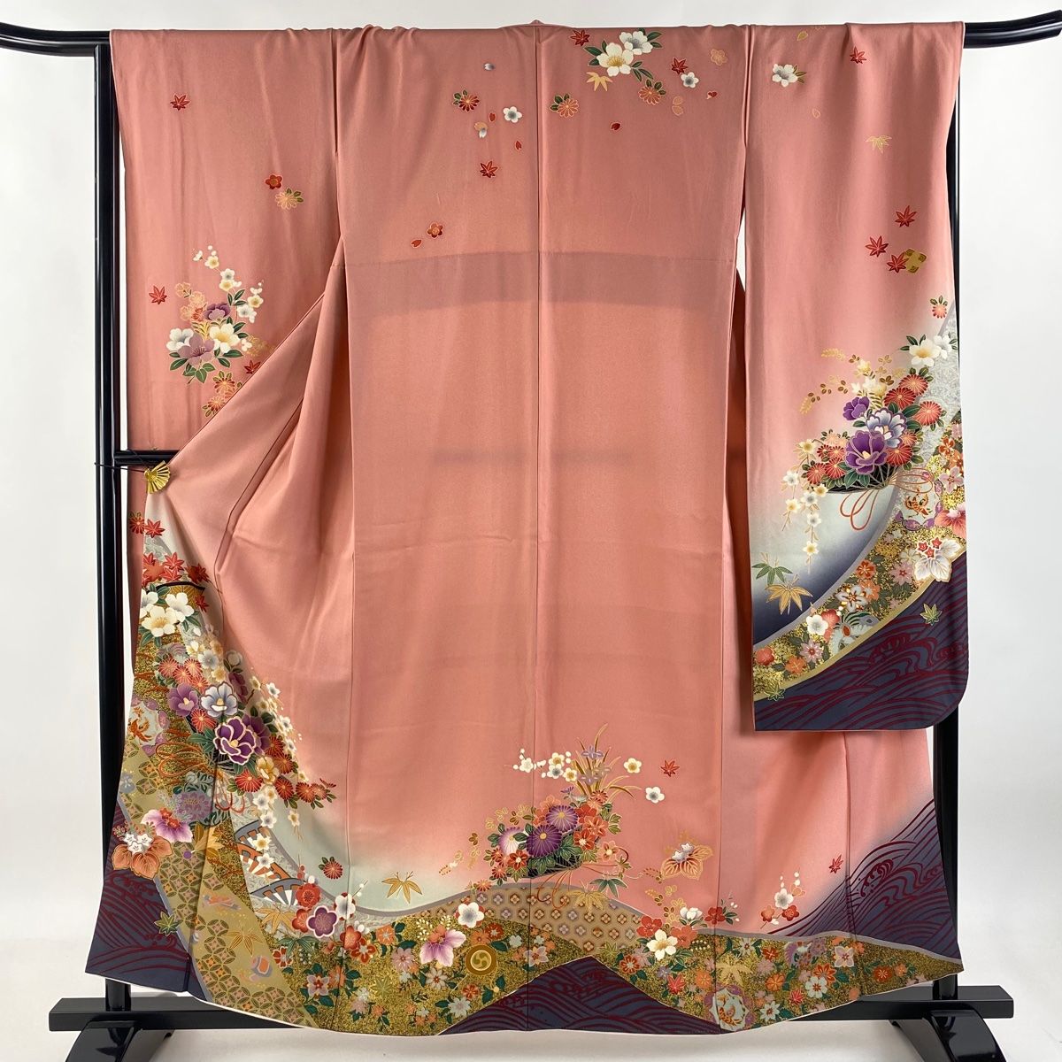 振袖 身丈160cm 裄丈67.5cm L 袷 椿 七宝 金糸 金彩 ピンク 正絹 秀品