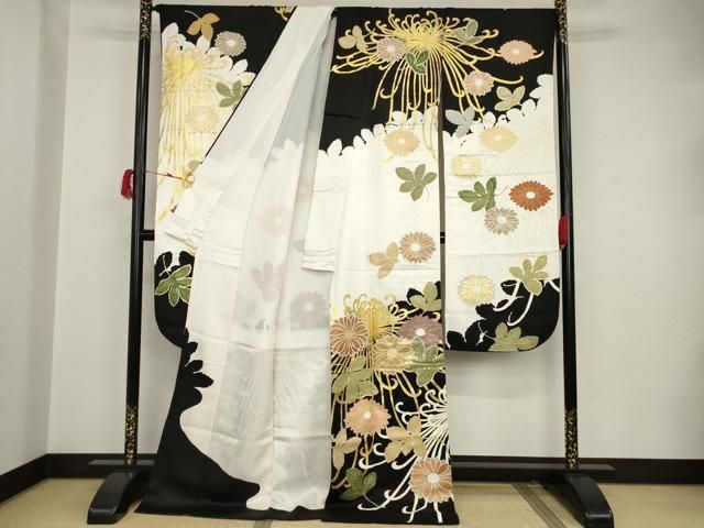 平和屋着物○豪華振袖 駒刺繍 乱菊 黒地 金彩 ロング丈 正絹 逸品