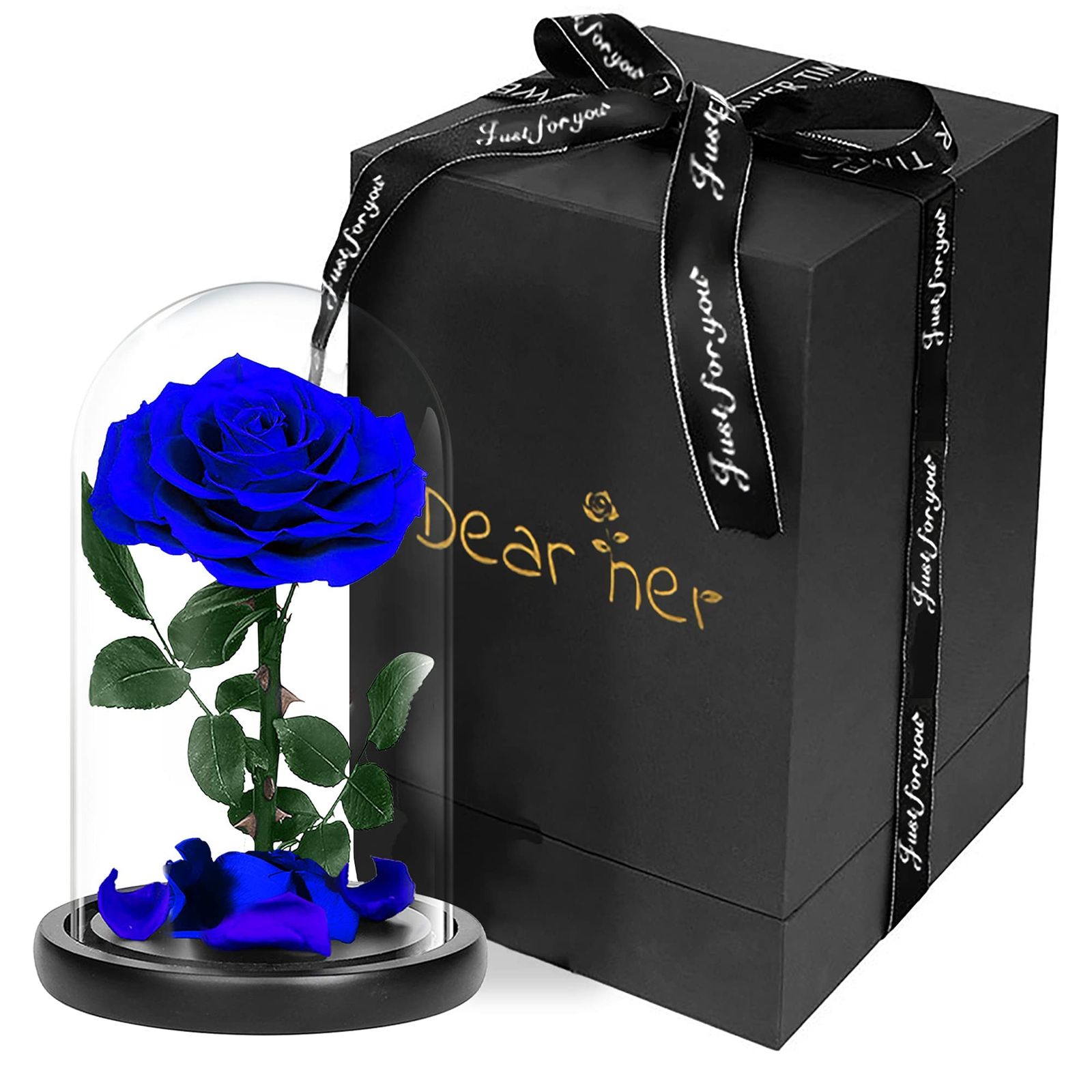 Luckystar Beauty and The Beast Rose本物のバラで手作り保存花 枯れない花 永遠の花 1輪 ガラスギフトボックス入りプリザーブドフラワー 母の日 記念日プレゼント 結婚式 バレンタイン 彼女への最高の贈り物ブルー
