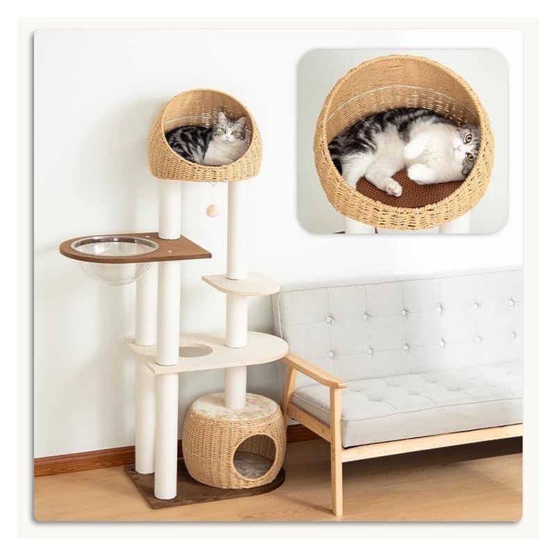 猫用品 【なになにLife】 キャットタワー 据え置き オランダベルベット張り 手編みカゴ 木製 大型 スリム ラタン風 大型猫 おしゃれ 暖かいふわふわベッド 見晴台付き 多頭飼い 高さ152cm 涼しいゴザ クッション 省スペース 大型 広々 キャットツリー 1