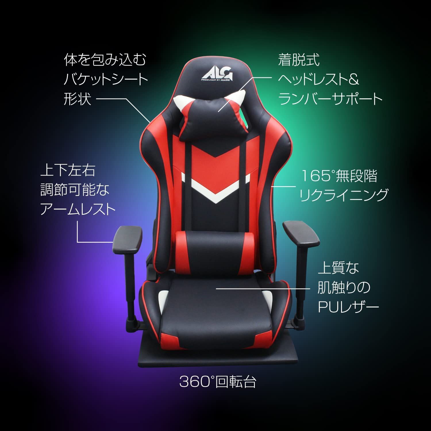 68×86×64cm ホワイト＆ブラック e-sports 体を包み込むバケットシート形状 ゲーミング座椅子 着脱式ヘッドレスト＆ランバーサポート 165°無段階リクライニング アローン Allone ALGA-GMFCWAK