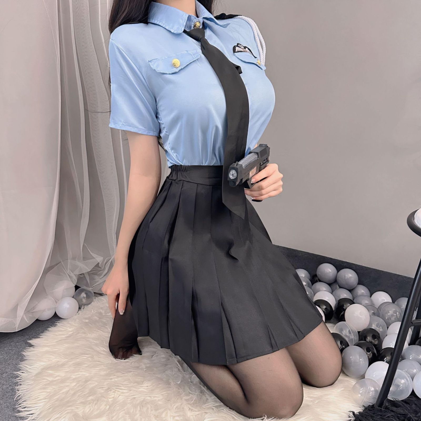 ハロウィン 可愛い レディース かわいい ミニスカート 制服 制服 婦人警官 婦警 警察 ミニスカ 仮装 パーティー 大人 衣装 コスチューム トップス、プリーツスカート、ネクタイ 3点セット セクシー コスプレ ポリス [Yi-gog]