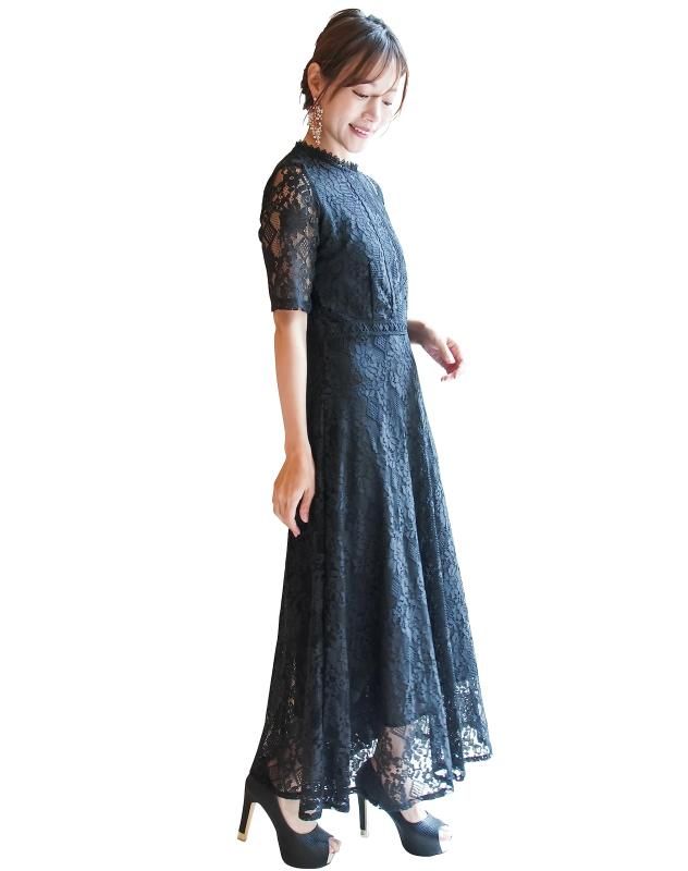 EightSTAR Dress パーティードレス 結婚式 ワンピース Aライン 総レース ドレス シースルー ロング ミモレ丈 Aライン 袖あり 半袖 ゲスト お呼ばれ 20代 30代 XL