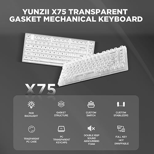 YUNZII X75 ホットスワップメカニカルキーボード 透明なキーキャップ