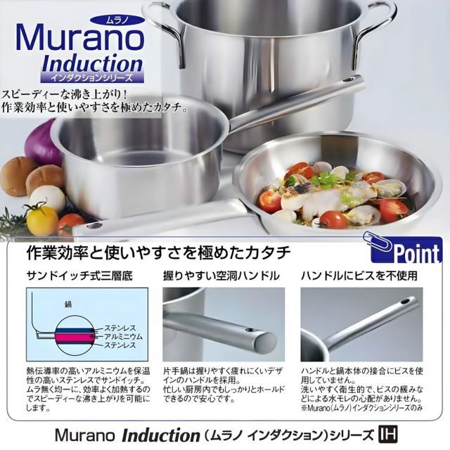 種類3：20 遠藤商事 業務用 murano ムラノ インダクション 片手深型鍋 蓋無