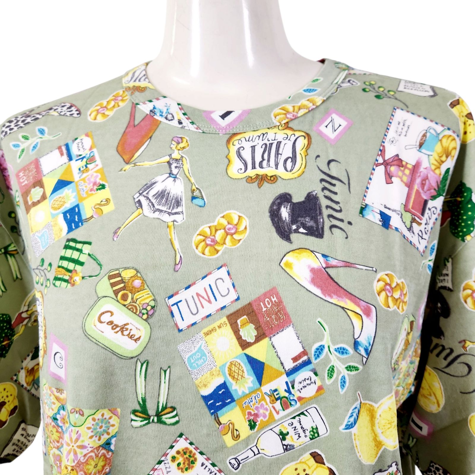 春物入荷 鴨居羊子 TUNIC 5分袖パジャマ 50強撚フライスFクッキー モスグリーン色