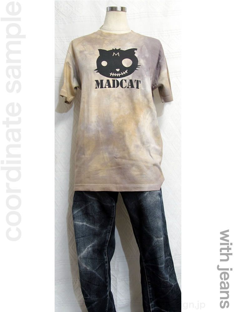 (S)手染め+プリント一点もの 七分袖MADCAT黒猫Tシャツ（1-102)