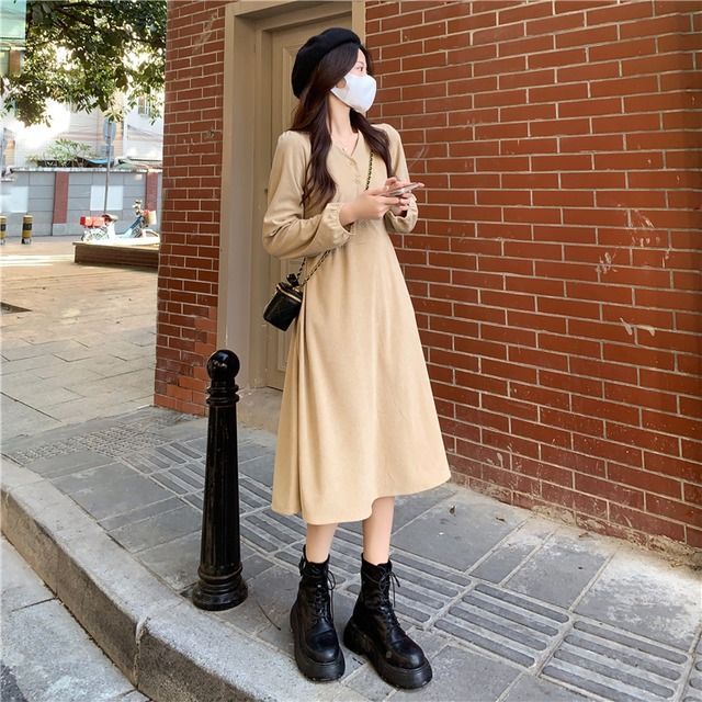 ワンピース ミドルドレス レディース Aライン ゆったり ミモレ丈 韓国デザイン 可愛い ハイウエス