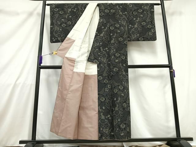 平和屋着物○訪問着 紬地 型染め 更紗草花文 黒地 正絹 逸品