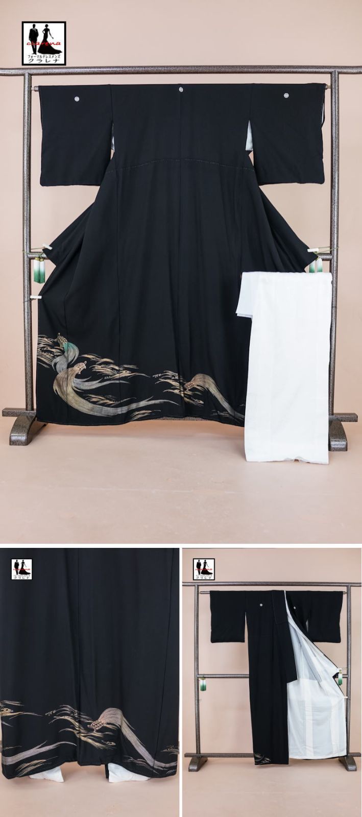 フォーマル衣装》販売 クラレナの 家紋 丸に蔦 蓑亀 波 正絹 黒留袖  