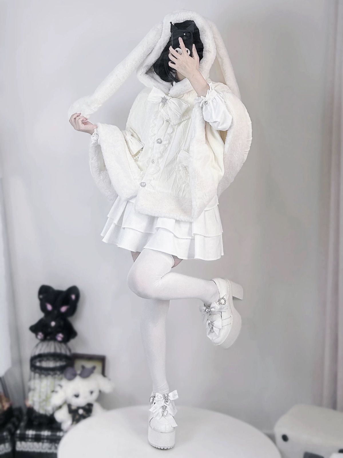 白うさ耳フード ホワイト ふわふわ リボン ポンチョ カーディガン 雪の結晶 サブカル 服 ロリィタ 長袖 地雷系 量産型 ゴスロ