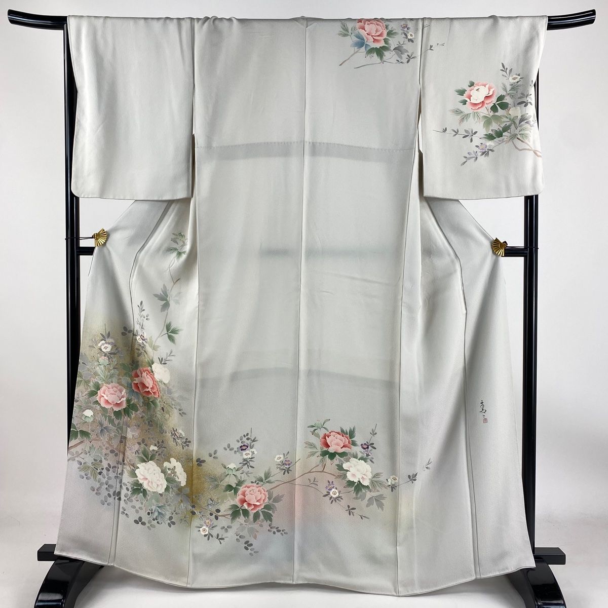 訪問着 身丈164.5cm 裄丈68cm L 袷 松井青々 落款 牡丹 萩 金彩