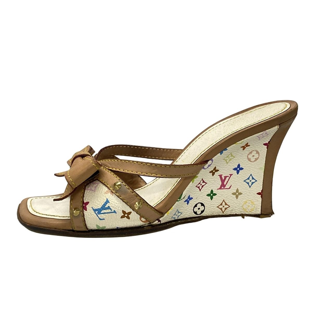 LOUIS VUITTON ルイヴィトン ミュール 36 レディース - 白×ベージュ×マルチ リボン|モノグラムマルチカラー|アウトソール張替済
