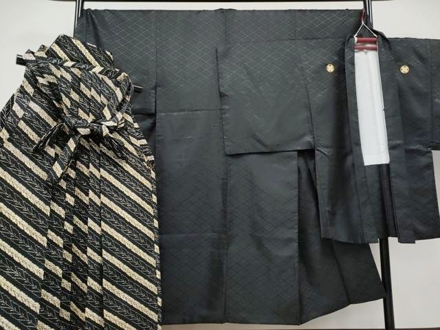 平和屋着物 上 男性 色無地 紋付き羽織 行灯袴セット キングサイズ 舞台衣装 花菱地紋 黒地 洗える着物 CYAA3473s5