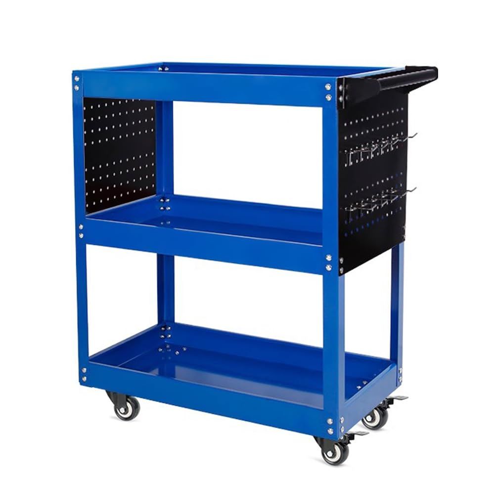 商品 MIMIER ツールワゴン ツールカート キャスター付 3段 耐荷重160KG ハンドル付 フック付き ブルー 360度回転 移動 DIY ガレージ 工具ワゴン 工具カート 工具台車 工具収納 業務用