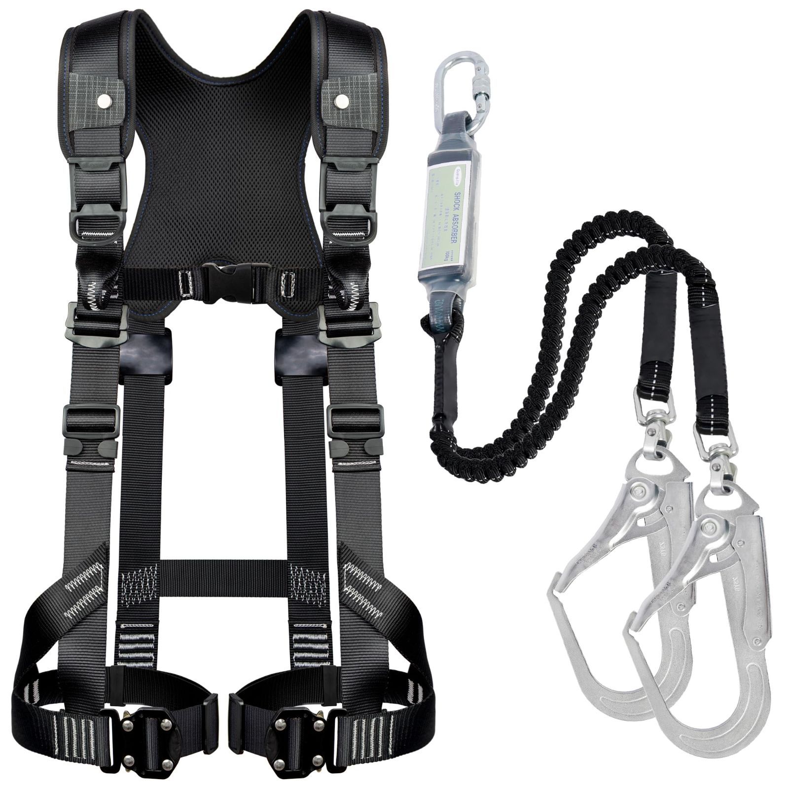 セット 墜落制止用器具 新規格 ランヤード一体型 落下防止全身保護キット 安全保護 フルハーネス安全帯 デュアルハーネス脱着簡単 ハーネス安全帯 UIANSP 建設工学 高安全作業 合金