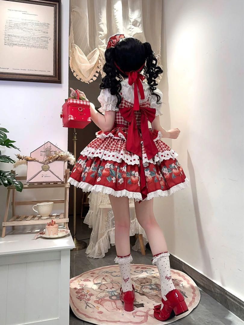 ファッション 通販 ロリータ】りんご柄ギンガムJSK 甘ロリ撮影 水色×赤リボン コスプレ衣装