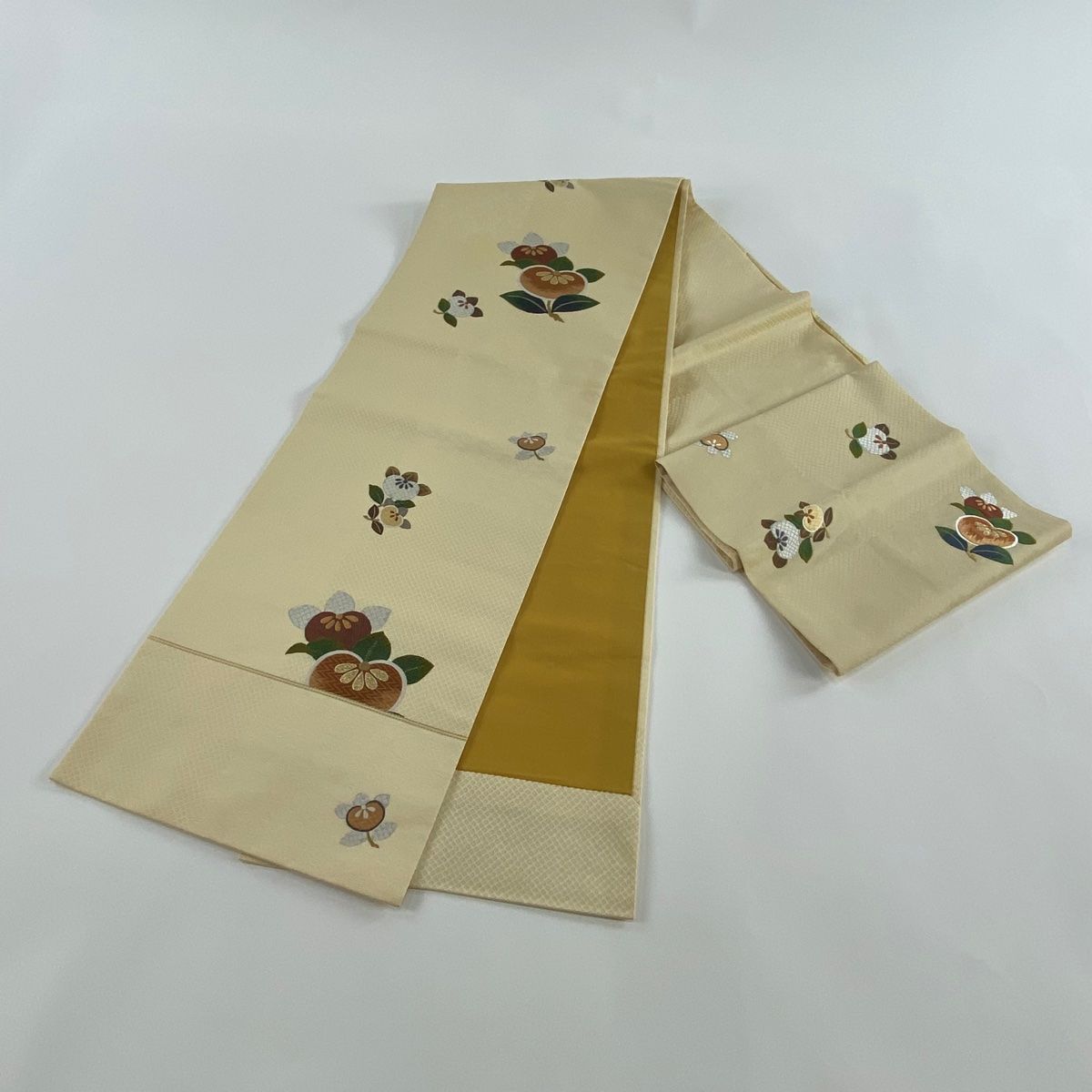 美品】 開き名古屋帯 秀品 橘 地紋 金糸 唐織 ベージュ 正絹 【中古