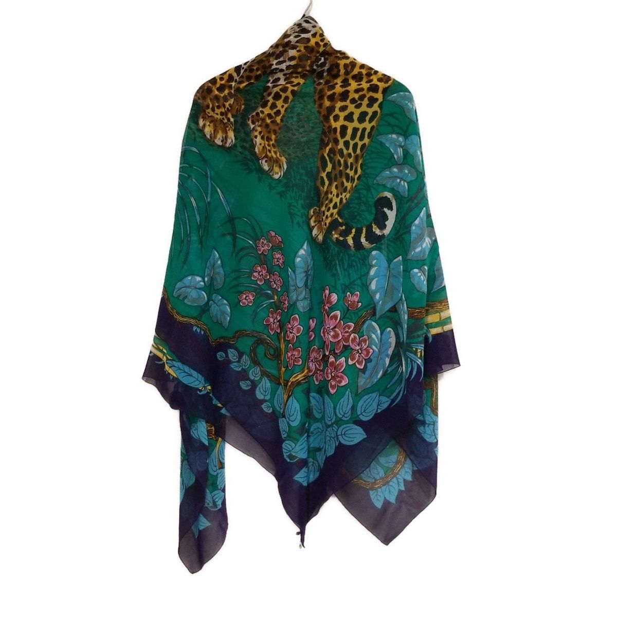 HERMES エルメス ストール ショール - グリーン×ダークネイビー×マルチ パレオ|豹|フラワー 花 コットン