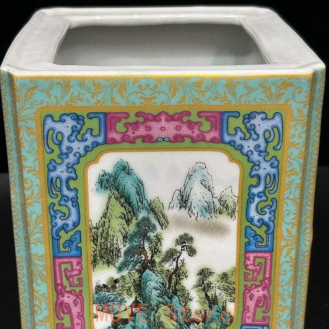 琺瑯彩山水四方筆筒 筆置 筆入 書道具 文房具 陶磁器 現代工芸品 美術品 琺瑯彩山水四方筆筒 筆置 筆入 書道具 文房具 陶磁器 現代工芸品