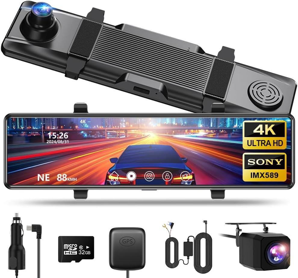 ドライブレコーダー ミラー型 前後カメラ 12IPS 170° 上下左右反転 HDR|WDR搭載 IMX589センサー タッチ式 伸縮式右側カメラ