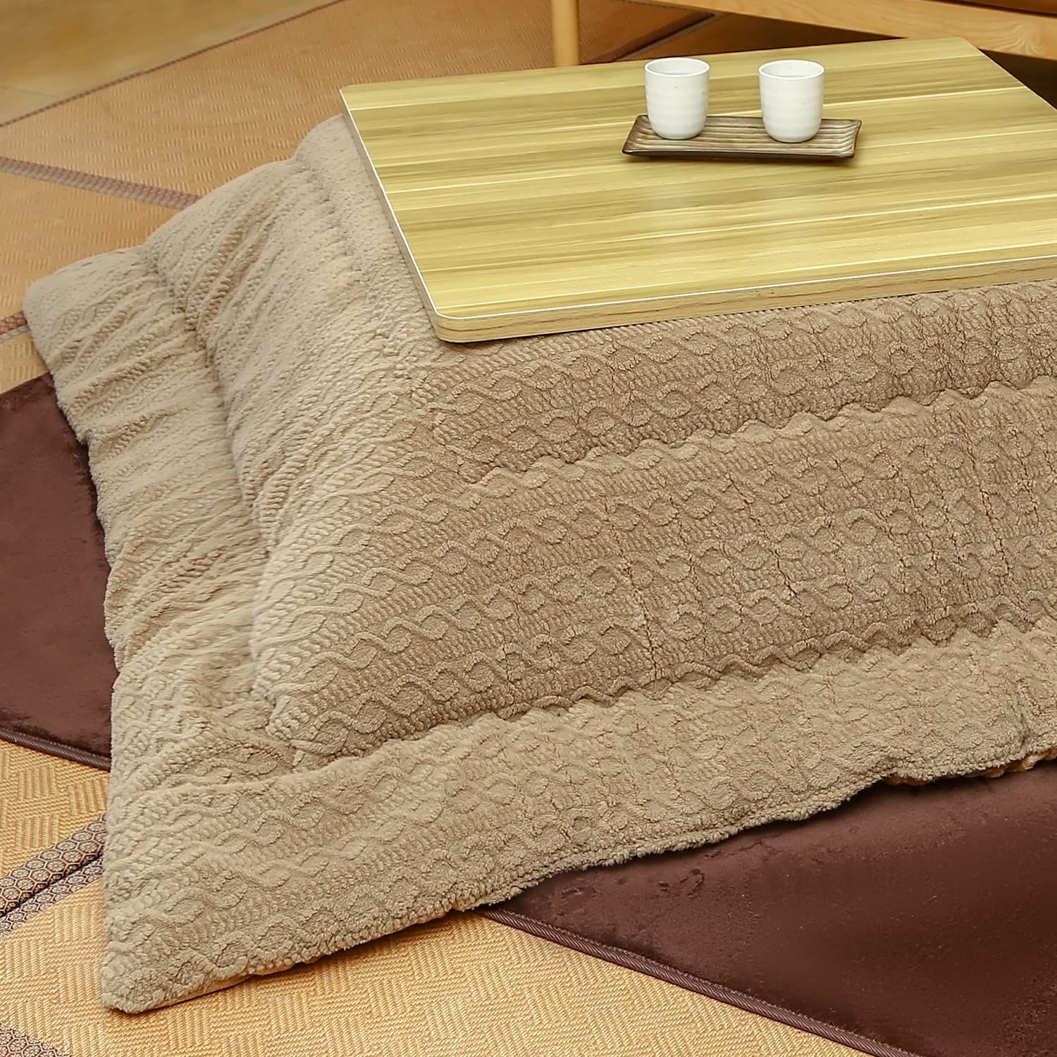 Peto-Raifuこたつ布団 こたつ厚掛け布団 掛け布団単品 正方形 リバーシブル 両面使える なめらか フリースジャガード 無地 発熱綿使用 保温性 丸洗いOK 毛抜けない ベージュ 185×185cm