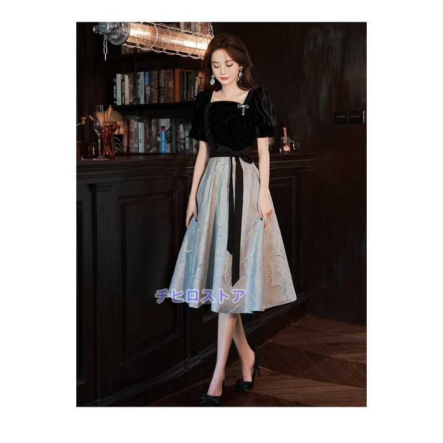 ドレス ミモレ丈 ひざ丈ドレス 黒 ブラック グレー 灰色 演奏会 ピアノ 発表会 5分袖付き 袖あり ファスナー フェミニン エレガント