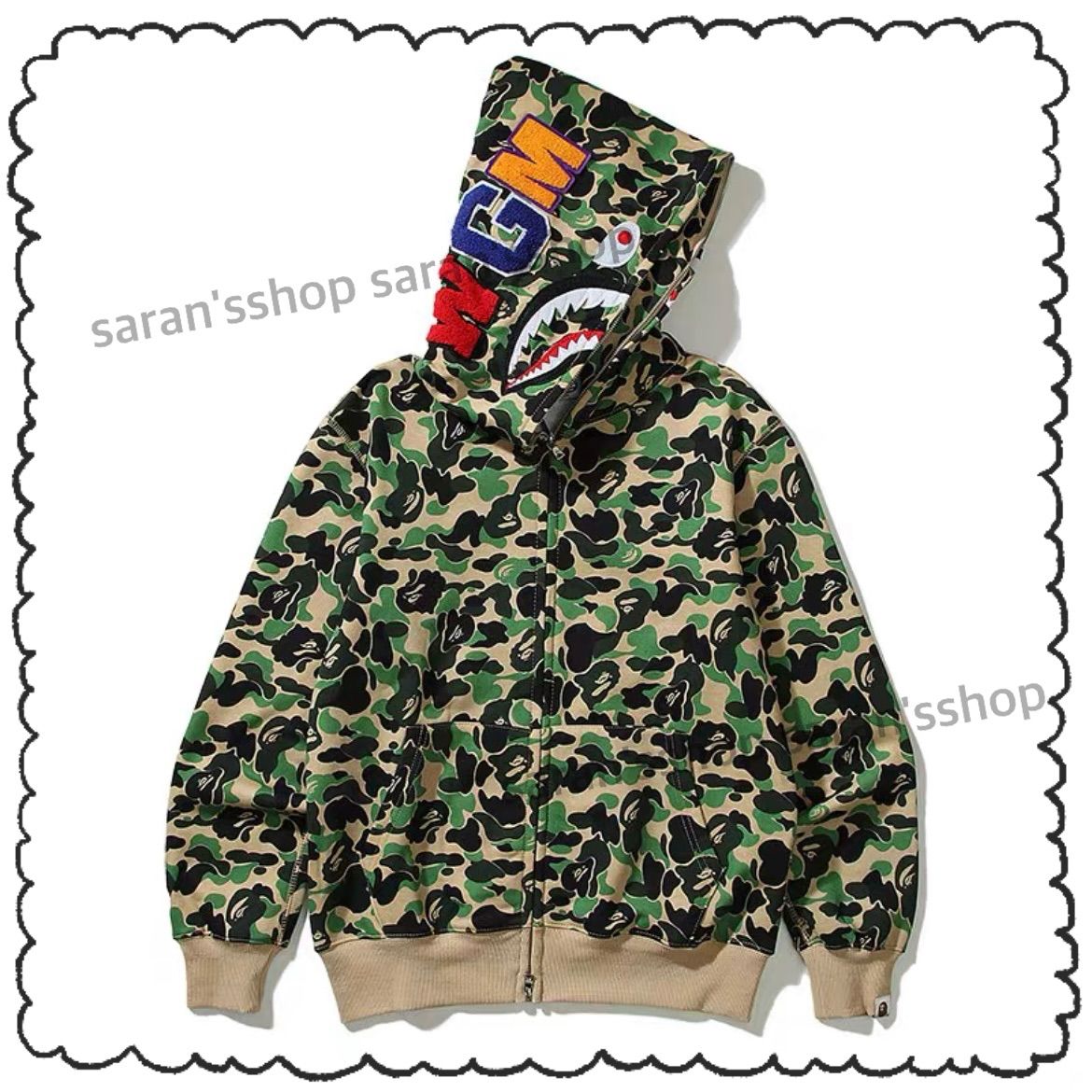 【M〜3XL】　A BATHING APE シャークパーカー BAPE  エイプ ベイプ 　ABC CAMO SHARK FULL ZIP HOODIE シャーク フルジップ パーカー ベイビーマイロ トレーナー スウェット トップス 緑 【グリーンCAMO】