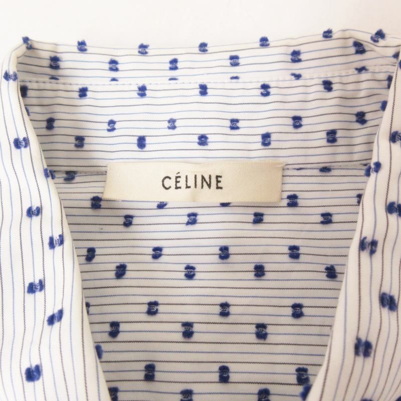 セリーヌ CELINE フィービー期 ロングシャツ チュニック ストライプ ドット調 コットン 半袖 白 青 ホワイト ブルー 38 約M 0511  - メルカリ