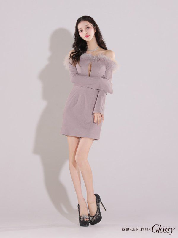 ラベンダー GL3612-IV-2410 XSサイズあり Glossy|グロッシー 2way| オフショル| ファー| バストジップ| リブニット| タイト| ミニドレス| キャバドレス