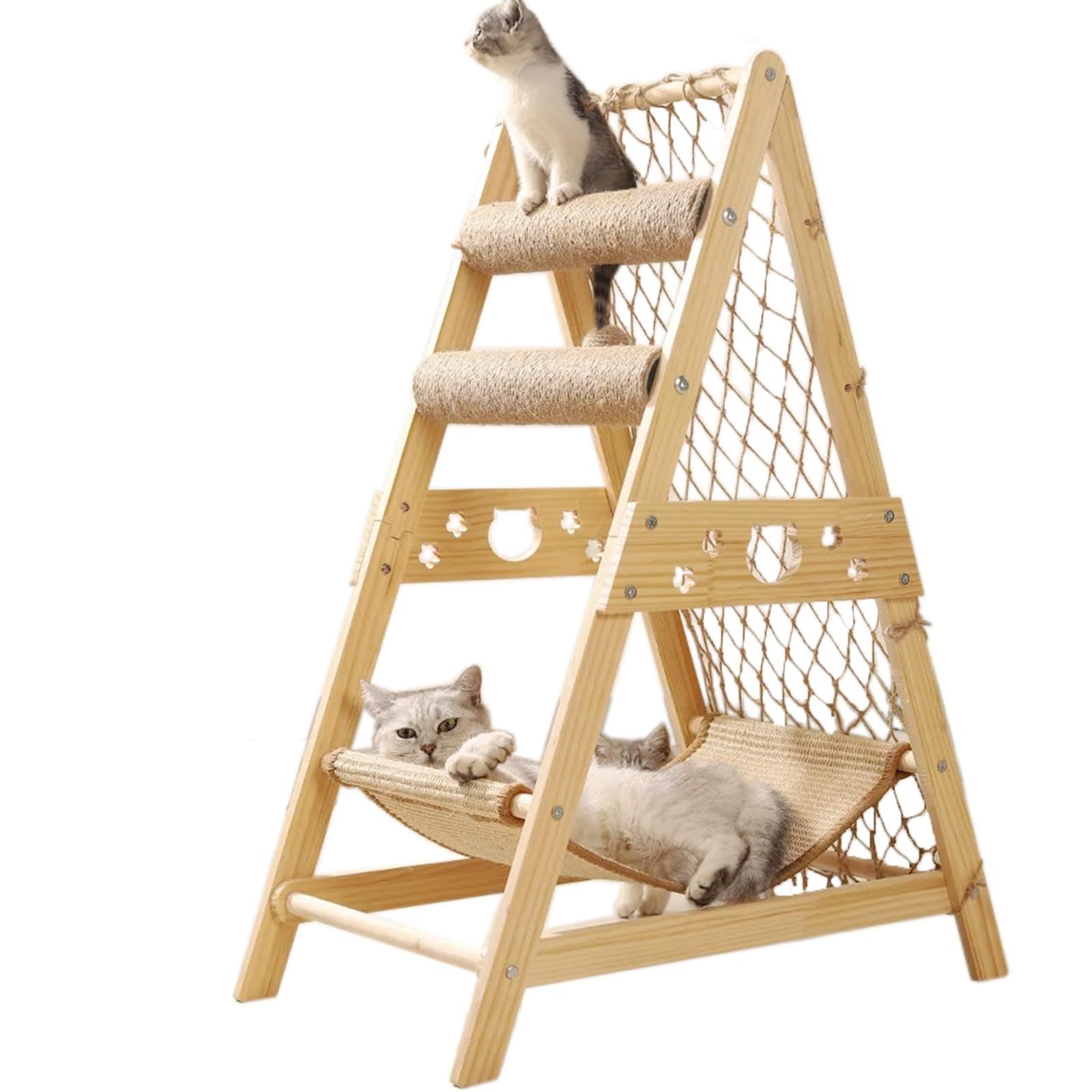 Muadress キャットタワー 猫ベッド ハンモック 爪とぎ 木製 猫タワー 猫 階段 ステップ コンパクト 多頭飼い 木目調 角丸加工 多ステップ 階段付き 爪研ぎ 麻紐 猫のおもちゃ コンパクト 省スペース 頑丈 安全 猫ハウス 運動不足解消