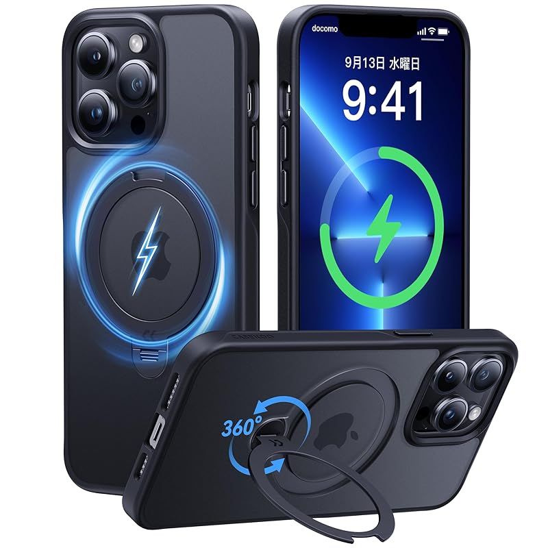 在庫 2025最高 -定点360度回転 CASEKOO iPhone 13Pro Max 用 ケース 超強磁力 米軍MIL規格 耐衝撃 高耐久性 横縦両立 角度調整 指紋防止 マット仕上げ 黄変防止 薄型半透明 スマホカバー レンズ保護 ラップ 0
