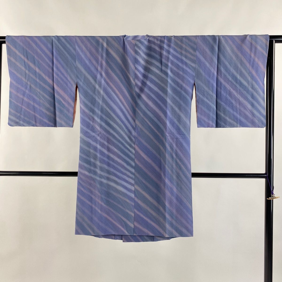 道行 身丈94cm 裄丈64cm M 斉藤三才 和装コート 角衿 落款 斜縞 灰紫 正絹 秀品