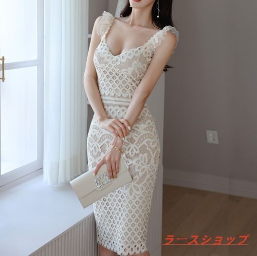 ワンピース ひざ丈 レース タイト レディース ノースリーブ 夏 ホワイト Vネック パーティー セクシー 透け感 スカート