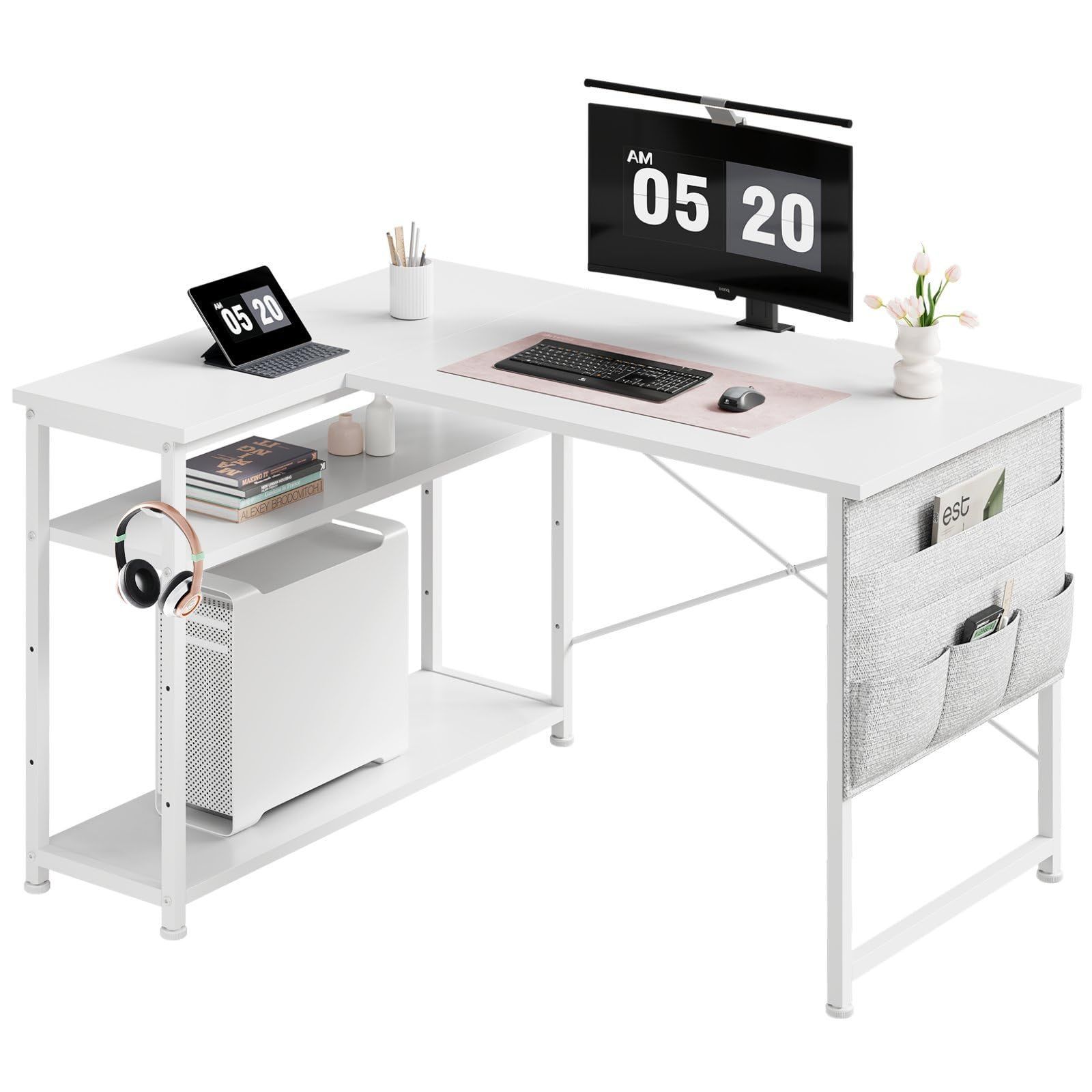 Size 幅99CM_Color 白い Maihail l字デスク 机 pcデスク 学習机 勉強机 パソコンデスク 右棚左棚 幅99cm desk コーナーデスク つくえ 棚板高さ調節 作業机 L字型 在宅ワークデスク リモートワーク ゲームデスク ラック付き