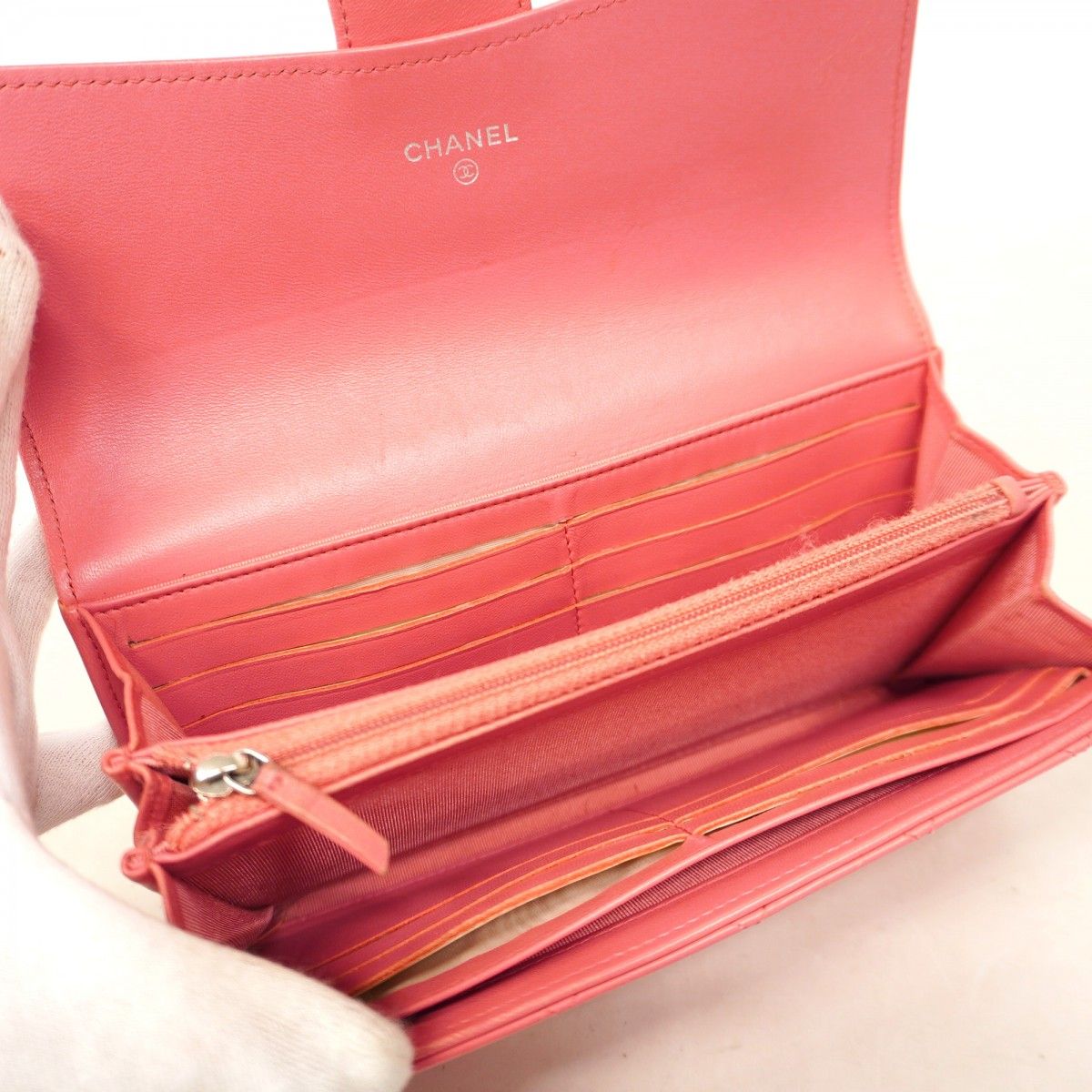 5hb0968-h】シャネル 長財布 マトラッセ ラムスキン ピンク シルバー  