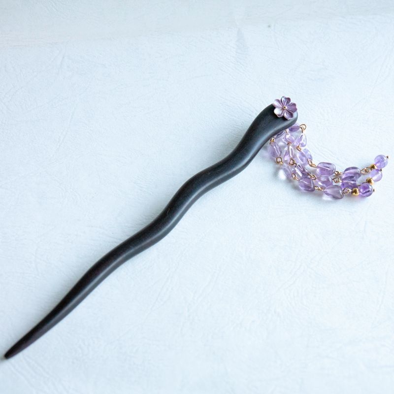 藤　紫胎貝細工お花とアメジストのかんざし　黒檀　木製　簪　和装髪飾り