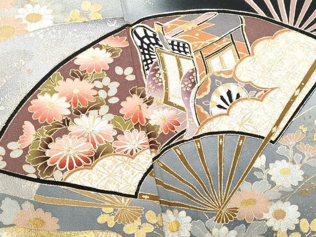 正絹  立波  御所車  枝垂れ花文  暈し染め  金銀彩  訪問着5点セット 平和屋着物□豪華黒留袖 立波エ霞扇面御所車鼓吉祥花文 暈し染め
