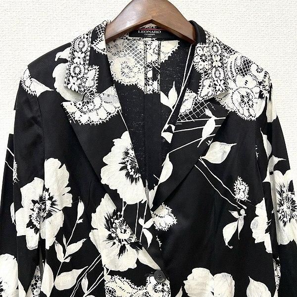 anc レオナール LEONARD ジャケット M 黒 白 花柄 薄手 レディース