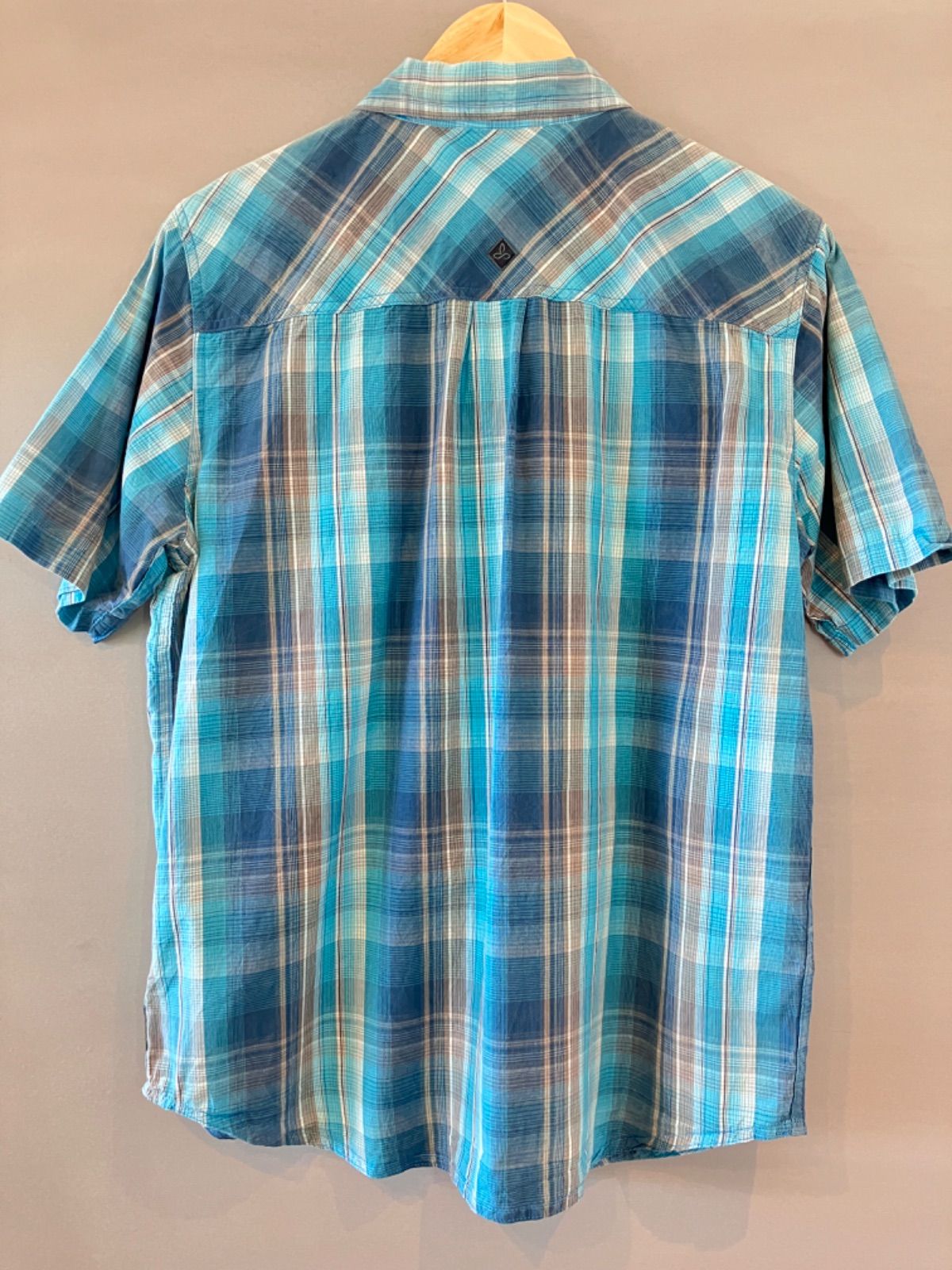 prAna プラナ アメリカ古着 オーガニックコットン チェックシャツ 半袖 S/S ターコイズブルー 水色 メンズ Mサイズ