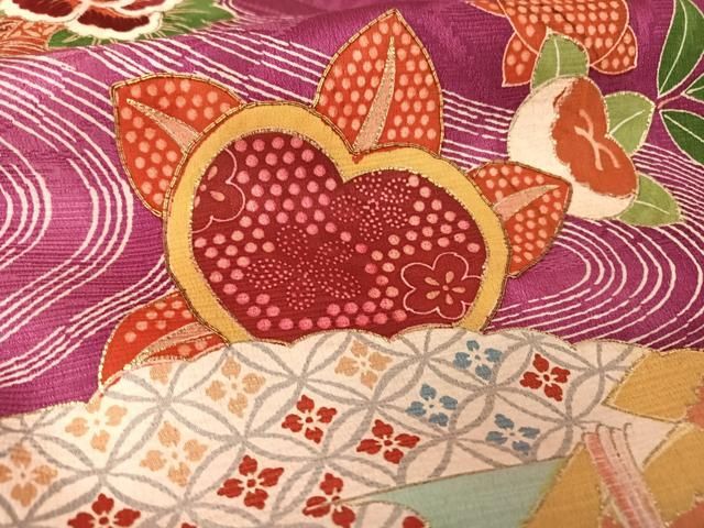 平和屋着物○アンティーク 大正ロマン 訪問着 駒刺繍 檜扇花文 金糸