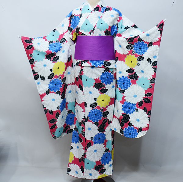 510ag17□七五三 七歳 女児 着物&袋帯 架け橋に花車 蝶 桜□状態