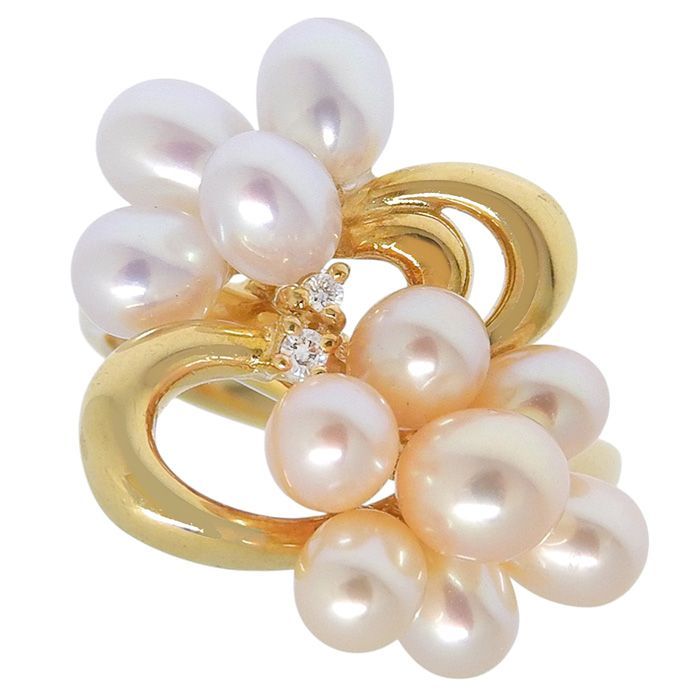 1401 タサキパールダイヤリングK18YGイエローゴールド14号0.04ct TASAKI タサキ デザイン パール ダイヤ リング K18YG 750