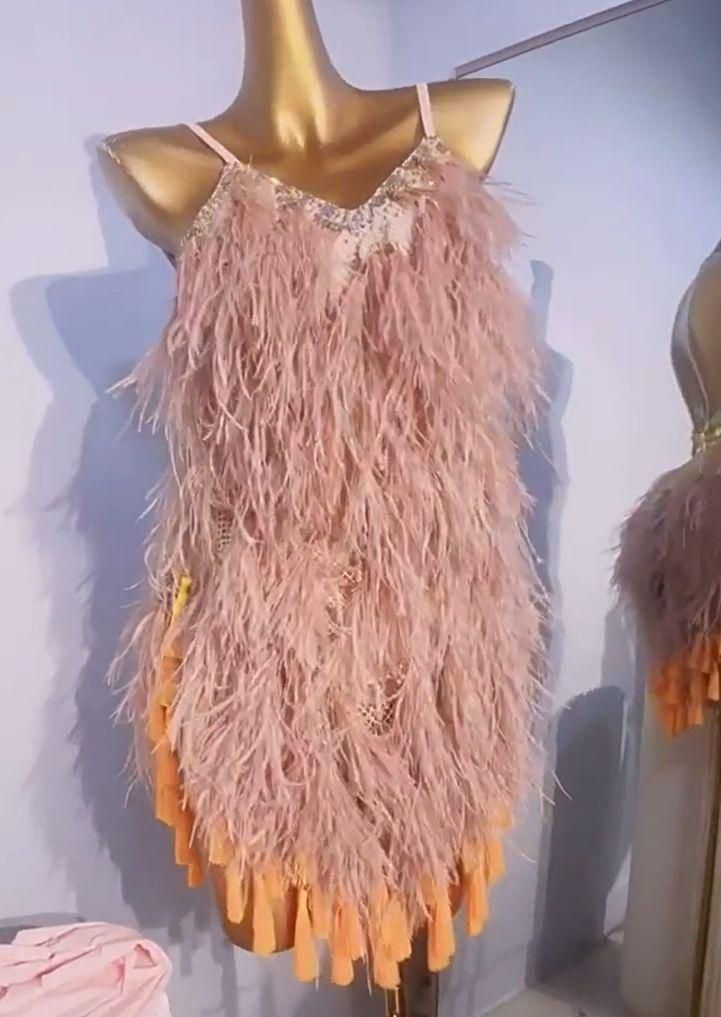 オーダーメイド 社交ダンス衣装 ラテンワンピースドレス 豪華 羽根 SML