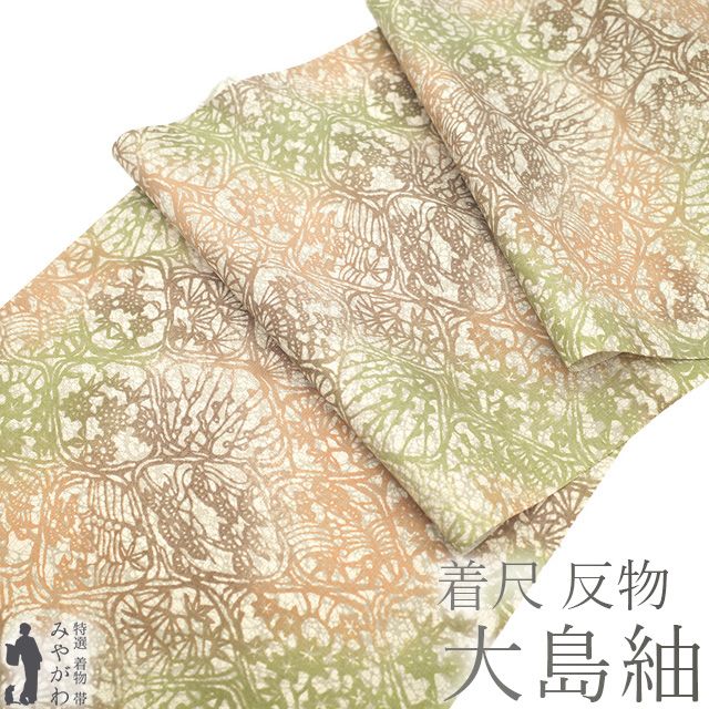 新古品 本場大島紬 着物 着尺 反物 正絹 染大島 大島紬 織咲香 染め柄 ベージュ オレンジ 黄緑 こげ茶 草花 カジュアル 本場染大島紬 紬 着物 反物 春 秋 冬 未仕立て みやがわ sb15370