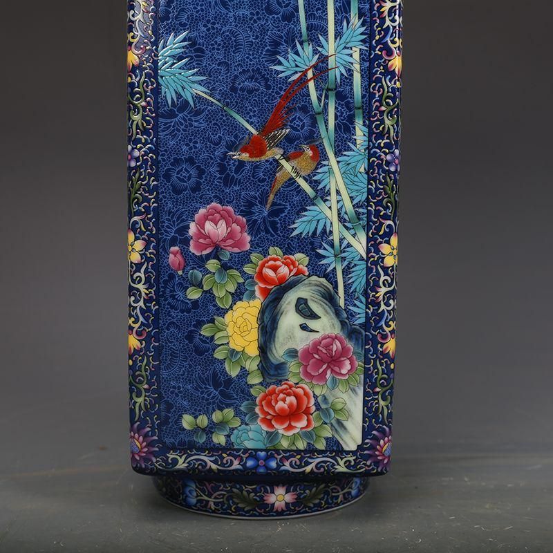 大清雍正琺瑯彩花鳥紋扁瓶 景徳鎮  陶磁器  現代工芸品 美術品 置物 清乾隆磁器藍地琺瑯彩花鳥紋四方瓶 景徳鎮 陶磁器 装飾品 現代