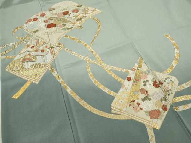 平和屋着物○アンティーク 大正ロマン 振袖 駒刺繍 宝尽くし 黒地 金糸