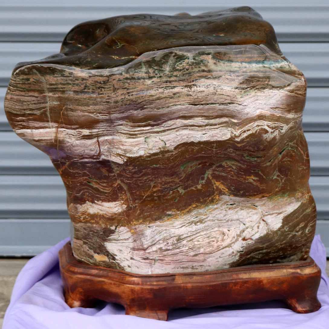 青森県天然記念物・玉鹿石・津軽錦石・台座付・No.200708-376・送料